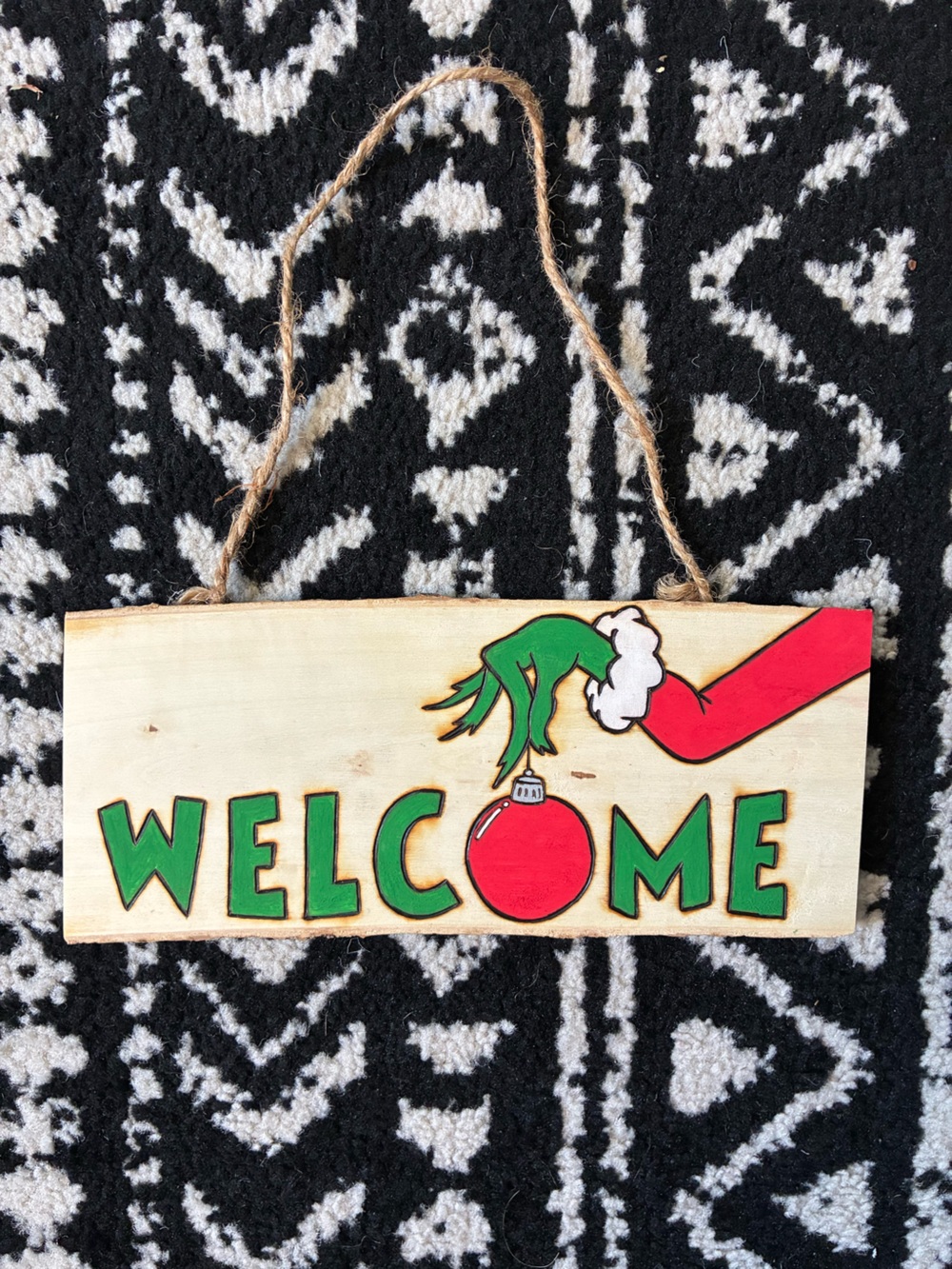 Whimsical Grinch Welcome Sign - Red & Green Ornament